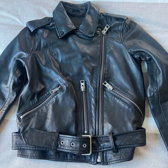 AllSaints Balfern Black Biker Cropped Belted Leather Jacket $528 New Sz 6 - Picture 8 of 16